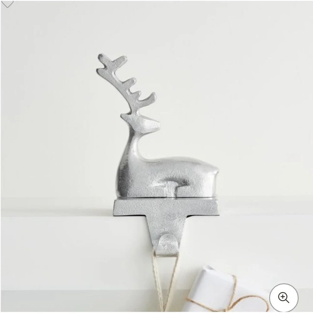 Crate Barrel Reindeer Brushed Matte Silver Stocking Hanger Holder Hooks SET of 2